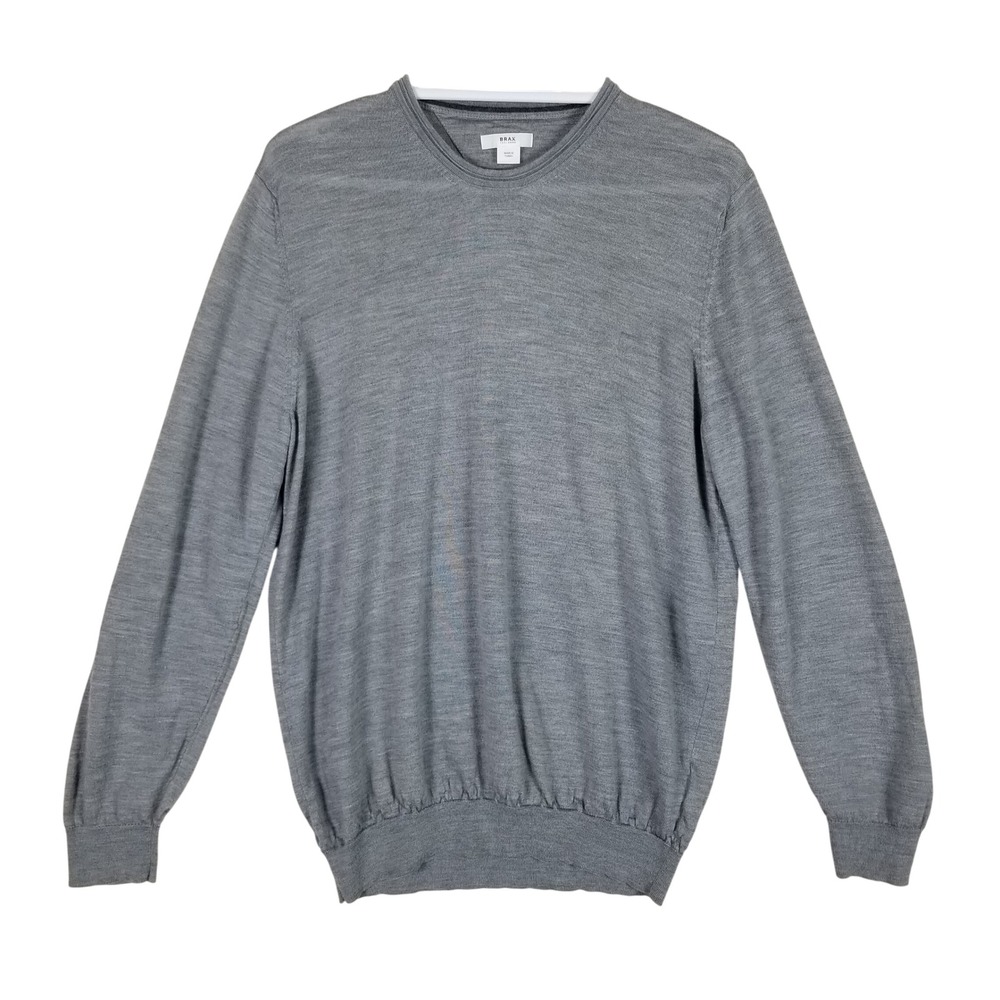 Brax Sweater Mens L Gray Merino Wool Elbow Patch Style Rick Crew Neck
